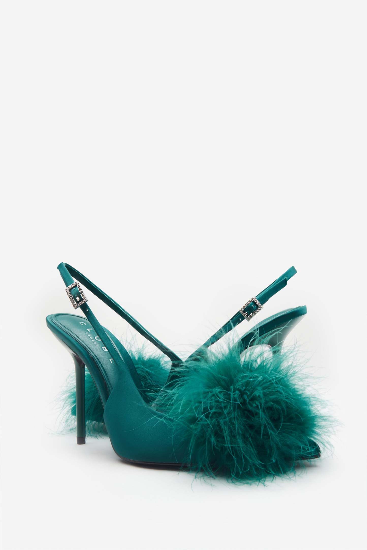 High Pitched Green Satin Sling Back Heels With Pom Poms-Fashionmomo.All Rights Reserved