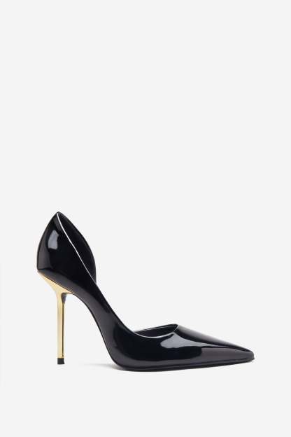 Hear Me Black Metallic Cutaway Pointed Court Heels-Fashionmomo.All Rights Reserved