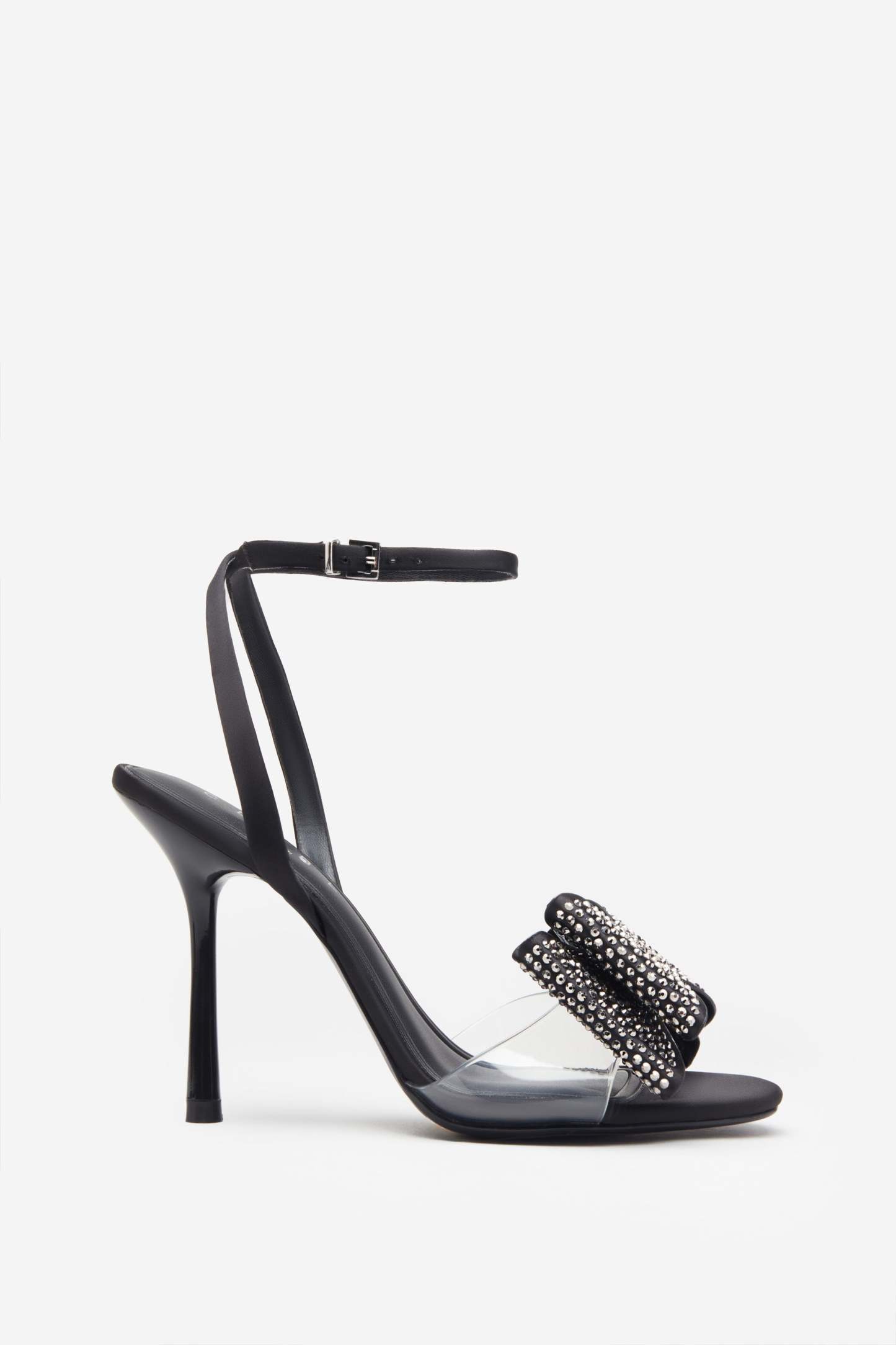 Bowing Black Satin Heeled Sandals With Diamante Bows-Fashionmomo.All Rights Reserved