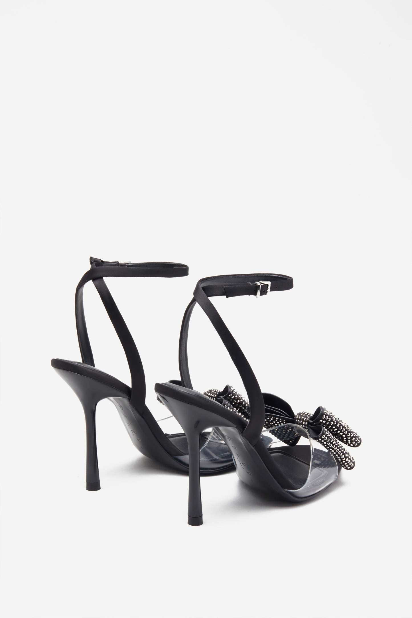 Bowing Black Satin Heeled Sandals With Diamante Bows-Fashionmomo.All Rights Reserved