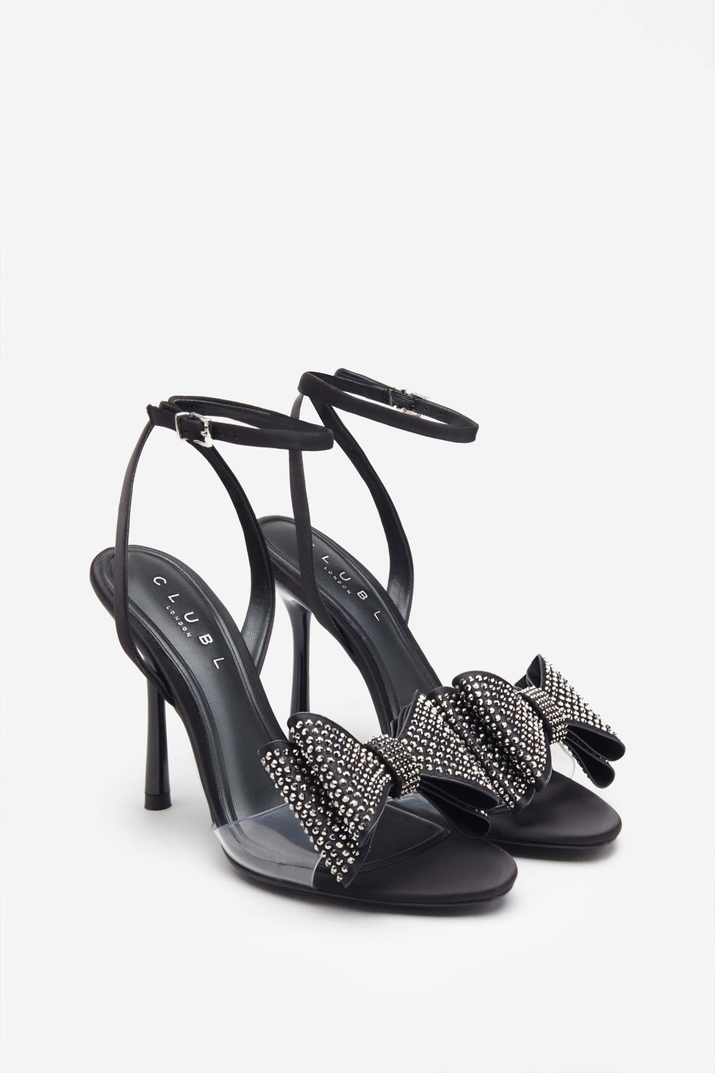 Bowing Black Satin Heeled Sandals With Diamante Bows-Fashionmomo.All Rights Reserved