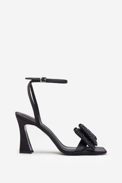 Headlines Black Ankle Strap Heeled Sandals With Diamante Bows-Fashionmomo.All Rights Reserved