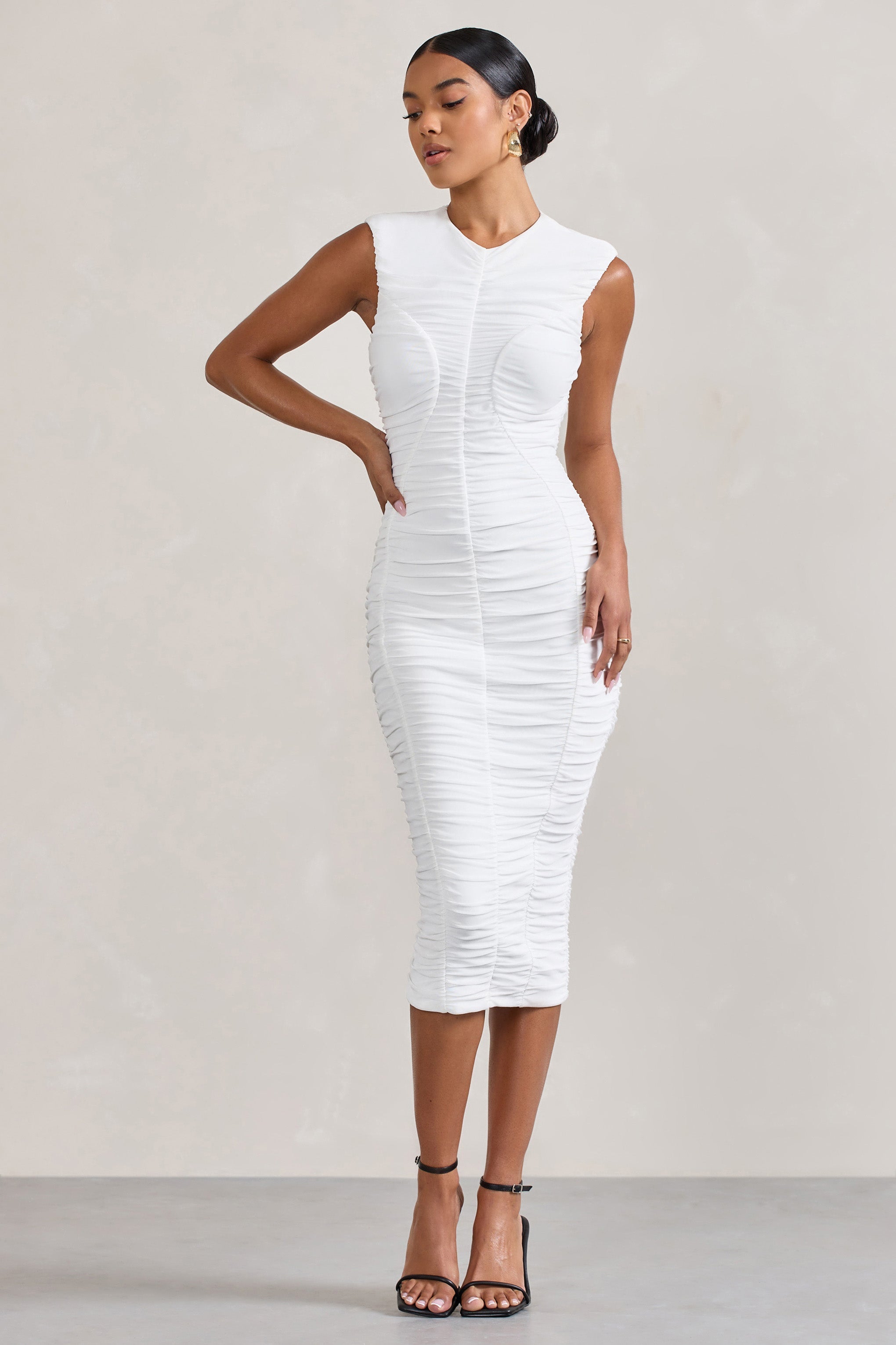 Alight  White Ruched Mesh Sleeveless Bodycon Midi Dress-Fashionmomo.All Rights Reserved