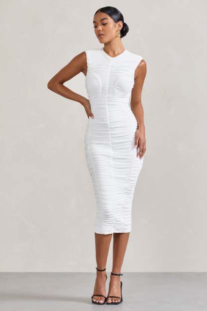 Alight  White Ruched Mesh Sleeveless Bodycon Midi Dress-Fashionmomo.All Rights Reserved