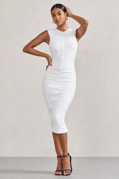 Alight  White Ruched Mesh Sleeveless Bodycon Midi Dress-Fashionmomo.All Rights Reserved