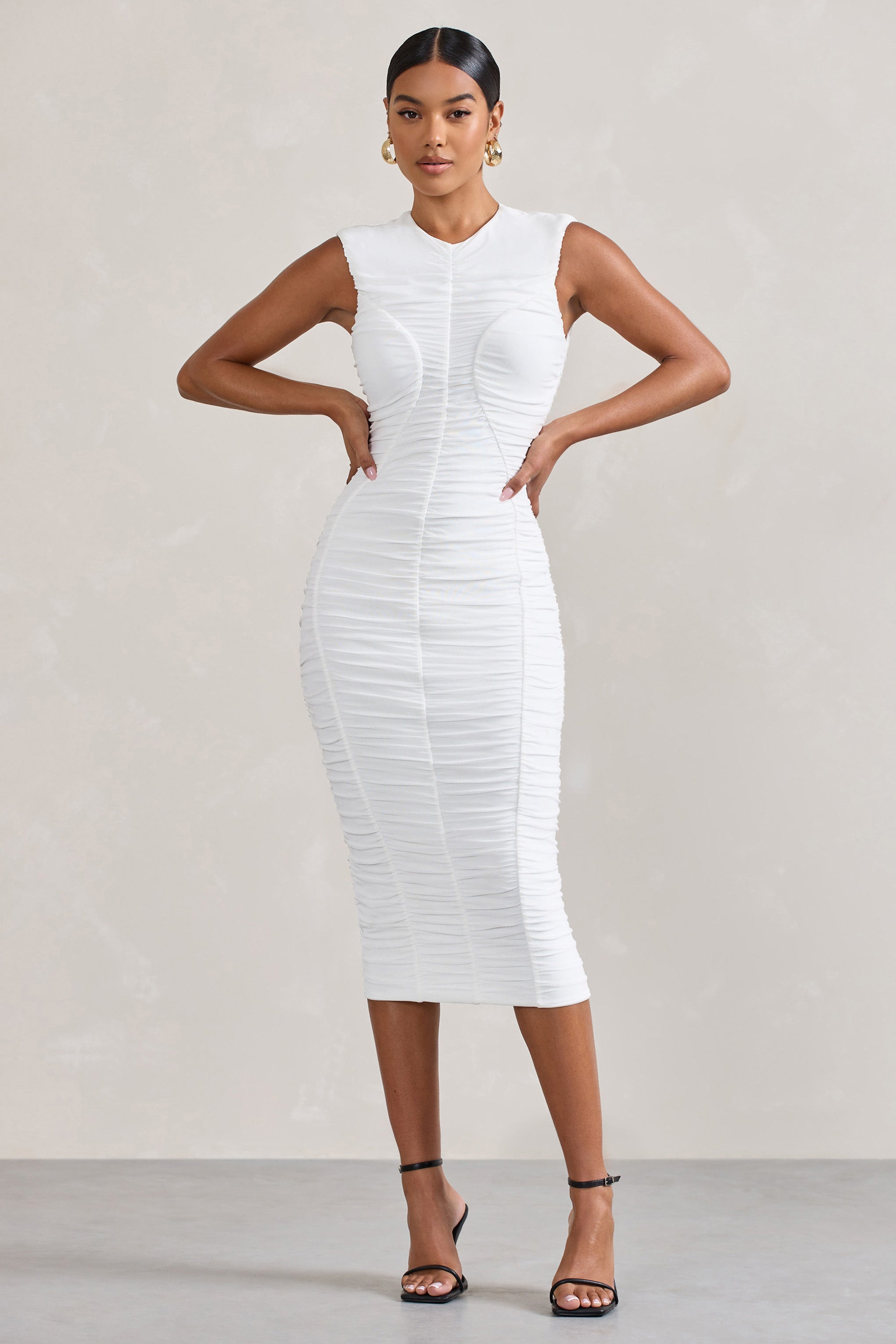 Alight  White Ruched Mesh Sleeveless Bodycon Midi Dress-Fashionmomo.All Rights Reserved