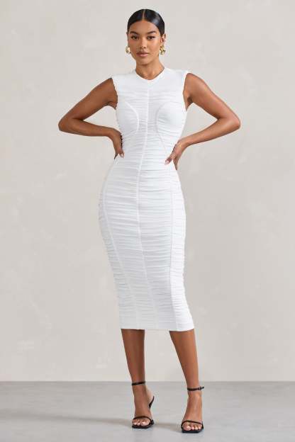 Alight  White Ruched Mesh Sleeveless Bodycon Midi Dress-Fashionmomo.All Rights Reserved