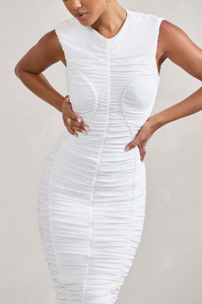 Alight  White Ruched Mesh Sleeveless Bodycon Midi Dress-Fashionmomo.All Rights Reserved