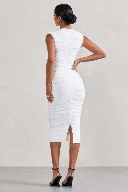 Alight  White Ruched Mesh Sleeveless Bodycon Midi Dress-Fashionmomo.All Rights Reserved