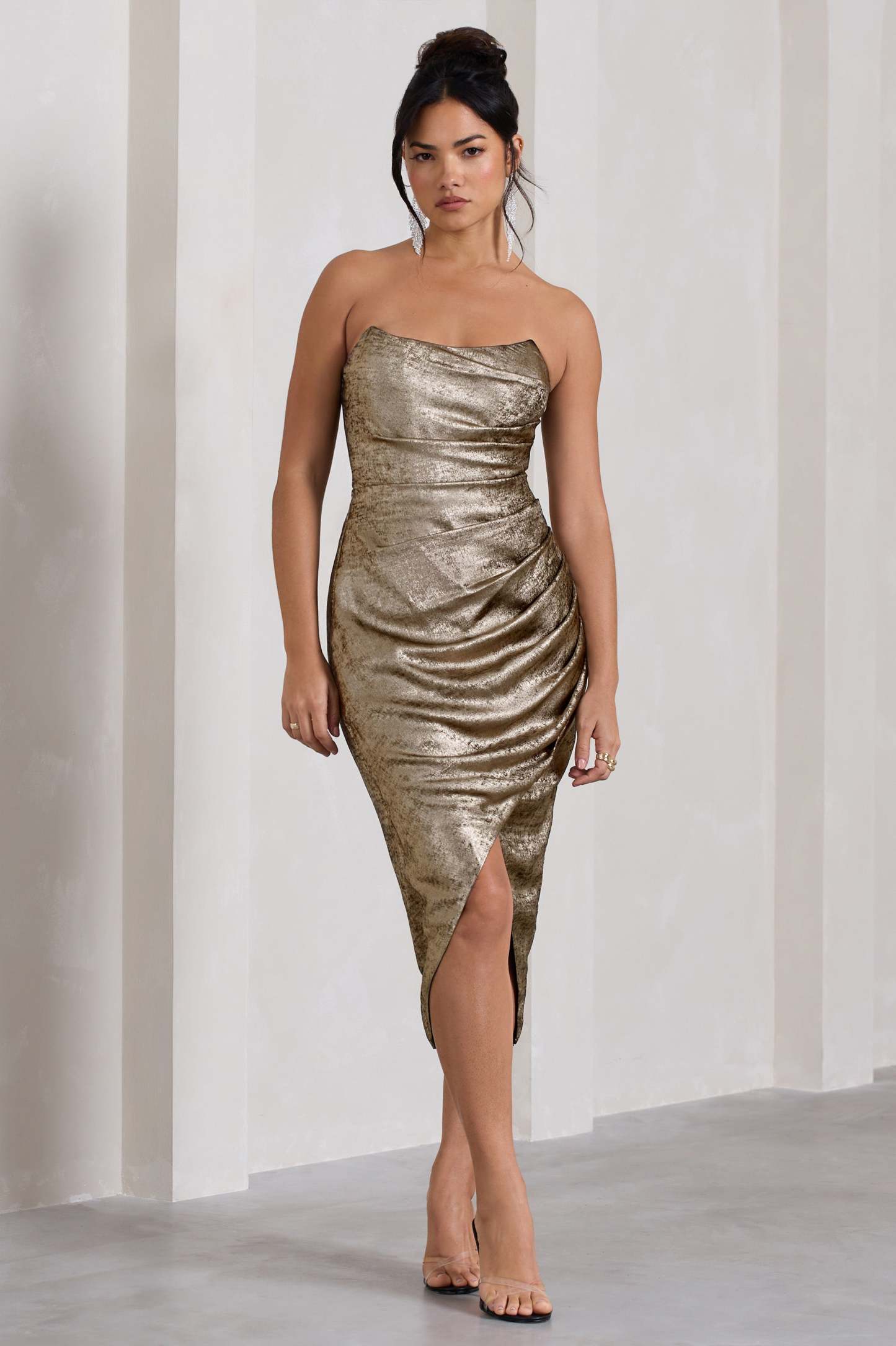 Blizzard Gold Metallic Corset Wrap Midi Dress-Fashionmomo.All Rights Reserved
