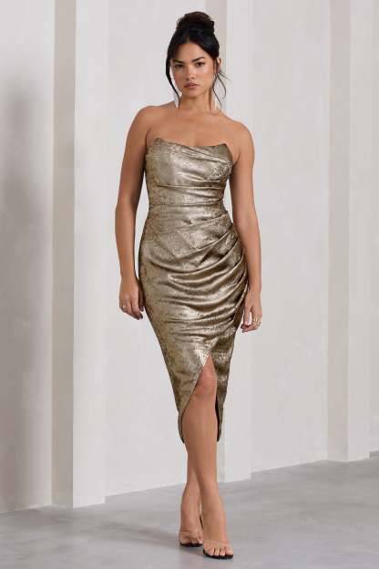 Blizzard Gold Metallic Corset Wrap Midi Dress-Fashionmomo.All Rights Reserved