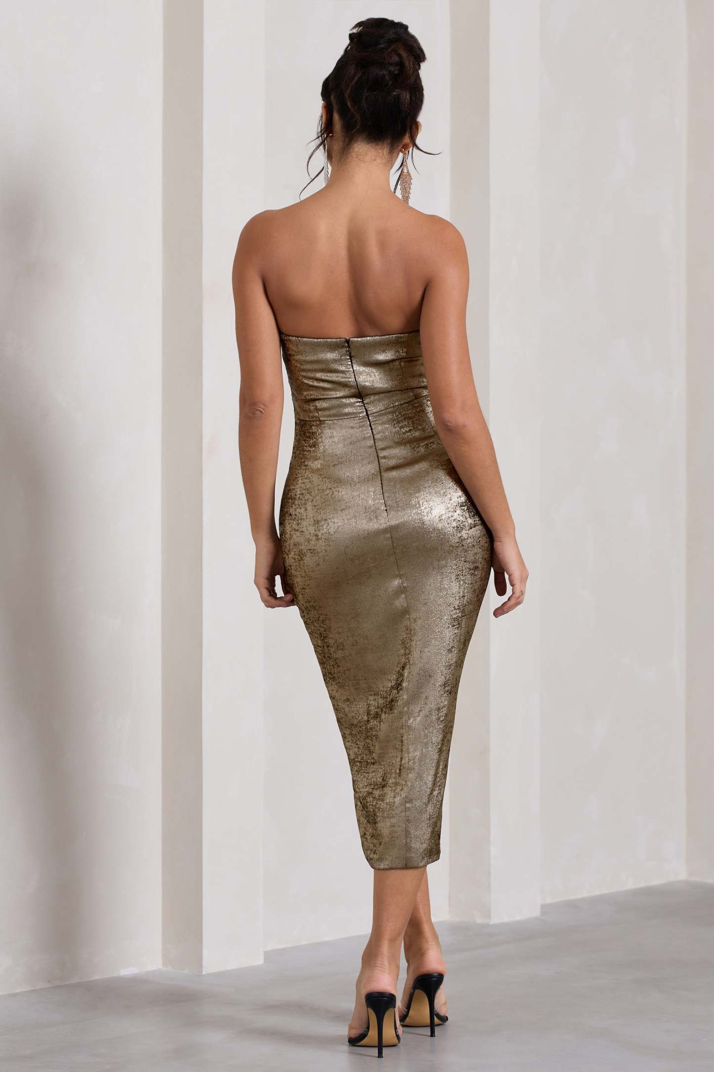 Blizzard Gold Metallic Corset Wrap Midi Dress-Fashionmomo.All Rights Reserved