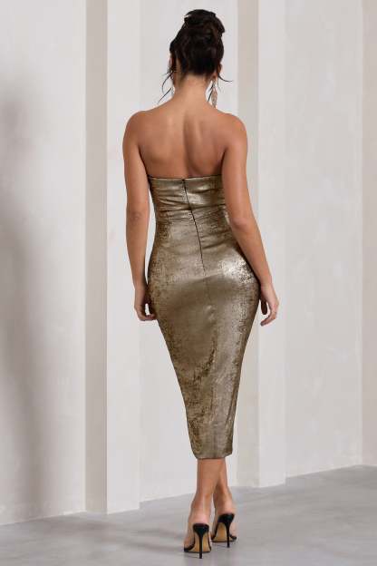 Blizzard Gold Metallic Corset Wrap Midi Dress-Fashionmomo.All Rights Reserved