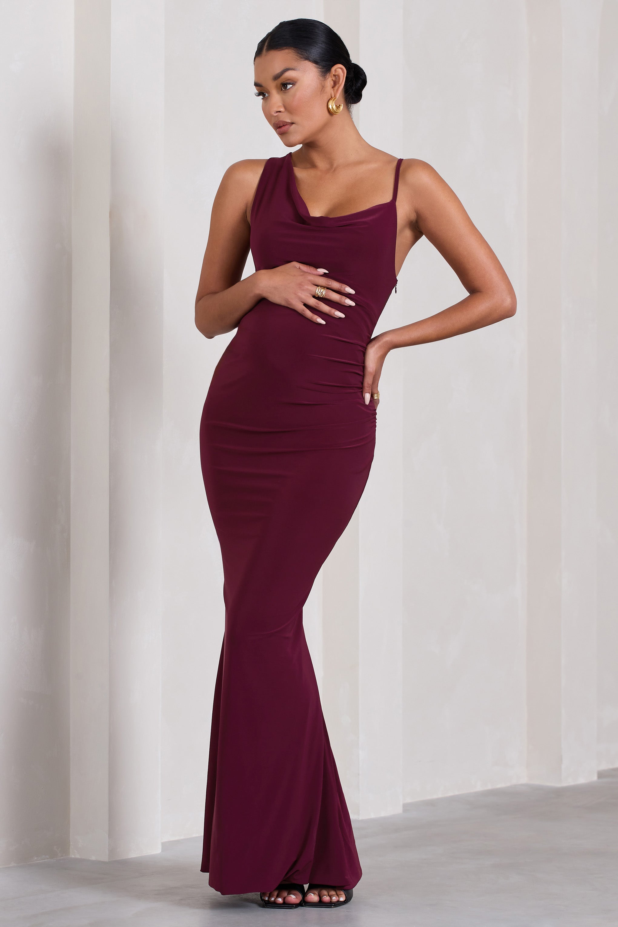 Phantasy Burgundy Maternity Cowl Neck Maxi Dress-Fashionmomo.All Rights Reserved