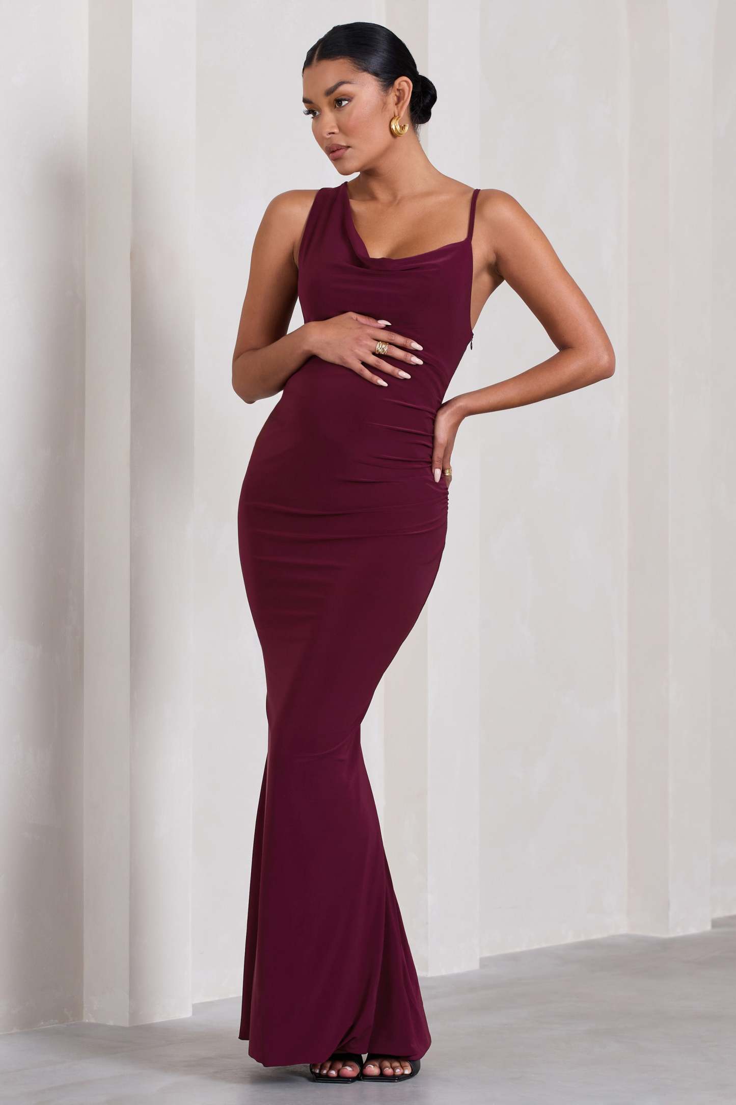 Phantasy Burgundy Maternity Cowl Neck Maxi Dress-Fashionmomo.All Rights Reserved