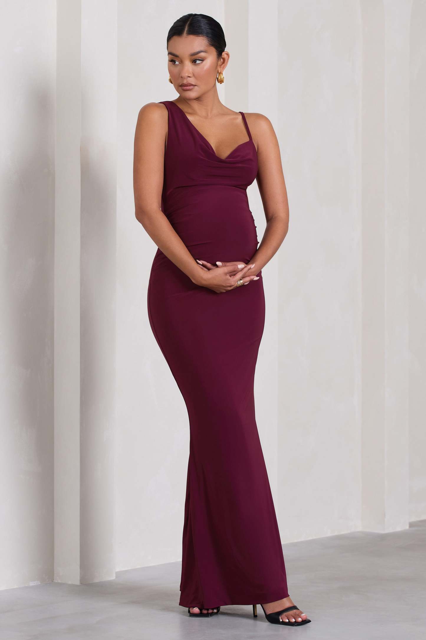 Phantasy Burgundy Maternity Cowl Neck Maxi Dress-Fashionmomo.All Rights Reserved