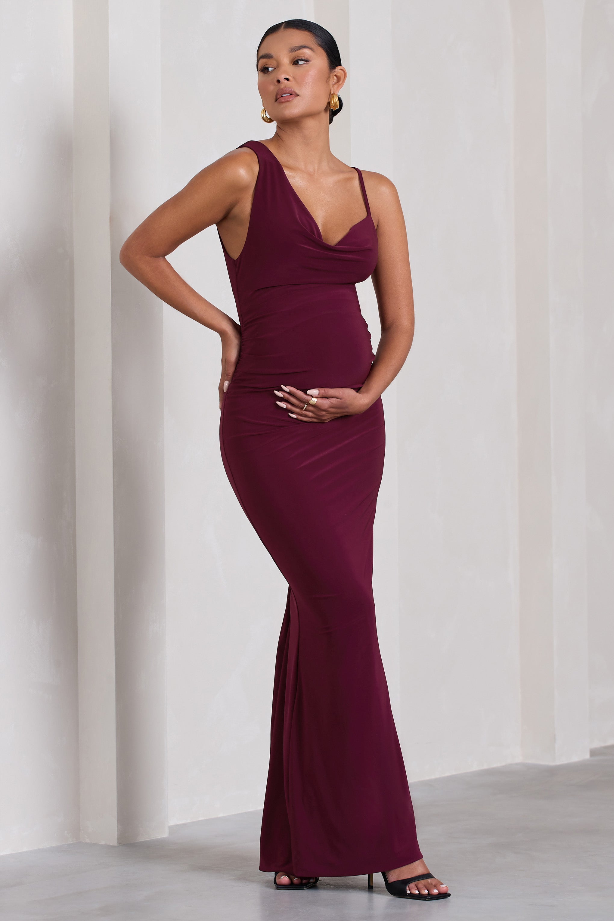 Phantasy Burgundy Maternity Cowl Neck Maxi Dress-Fashionmomo.All Rights Reserved