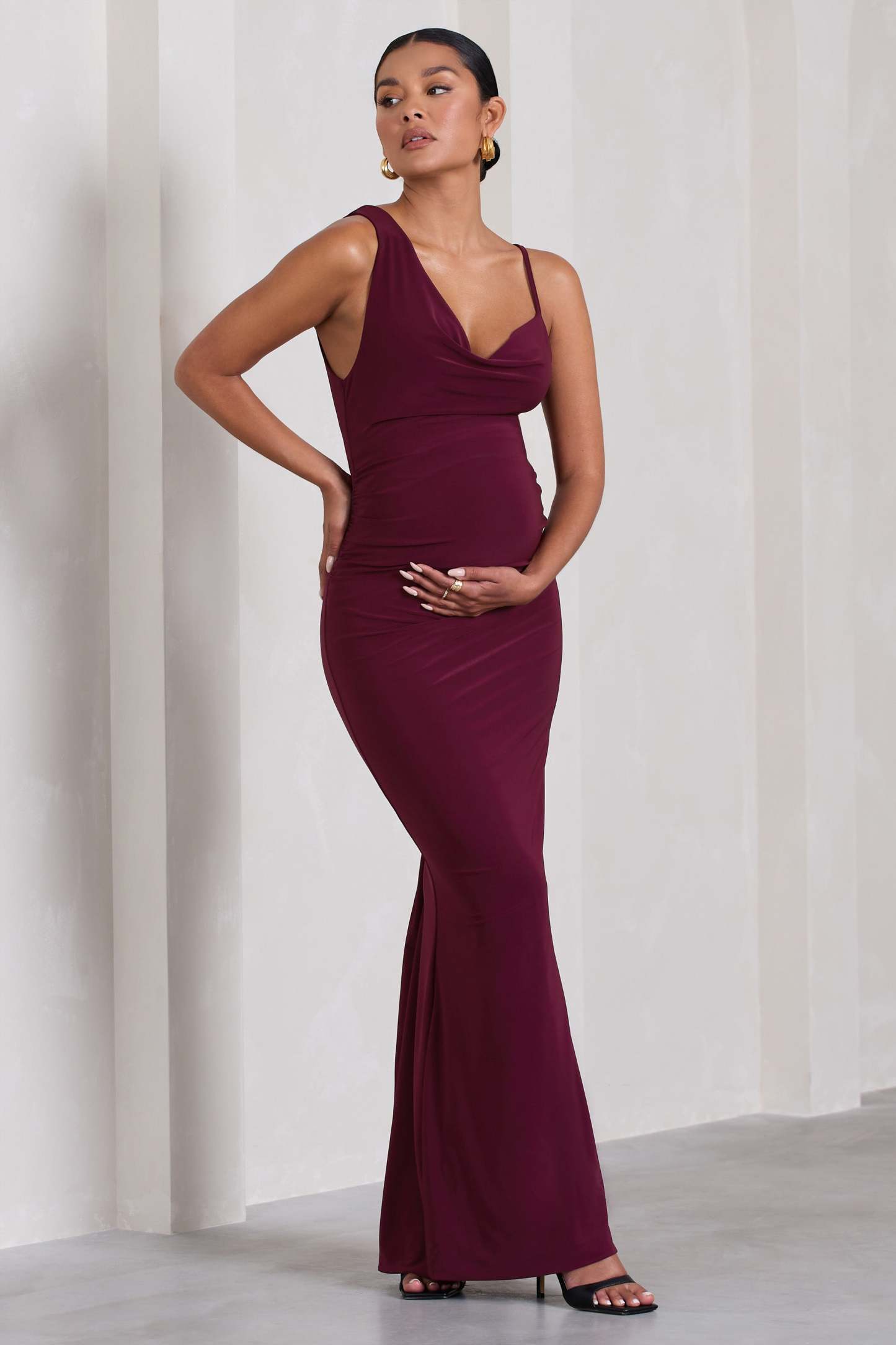 Phantasy Burgundy Maternity Cowl Neck Maxi Dress-Fashionmomo.All Rights Reserved