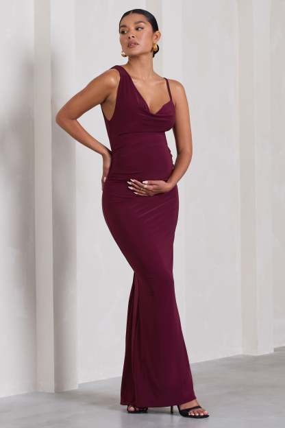 Phantasy Burgundy Maternity Cowl Neck Maxi Dress-Fashionmomo.All Rights Reserved
