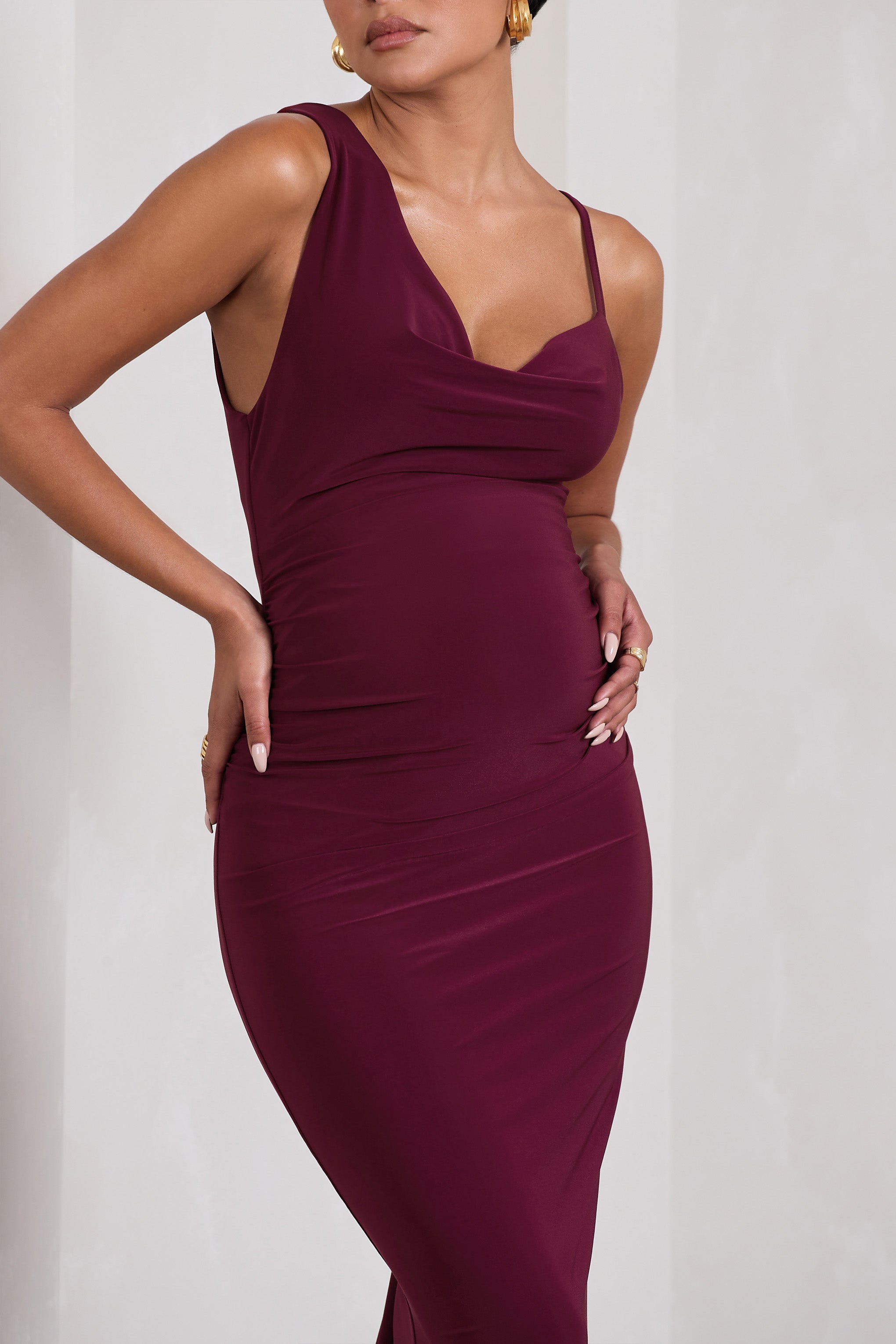 Phantasy Burgundy Maternity Cowl Neck Maxi Dress-Fashionmomo.All Rights Reserved