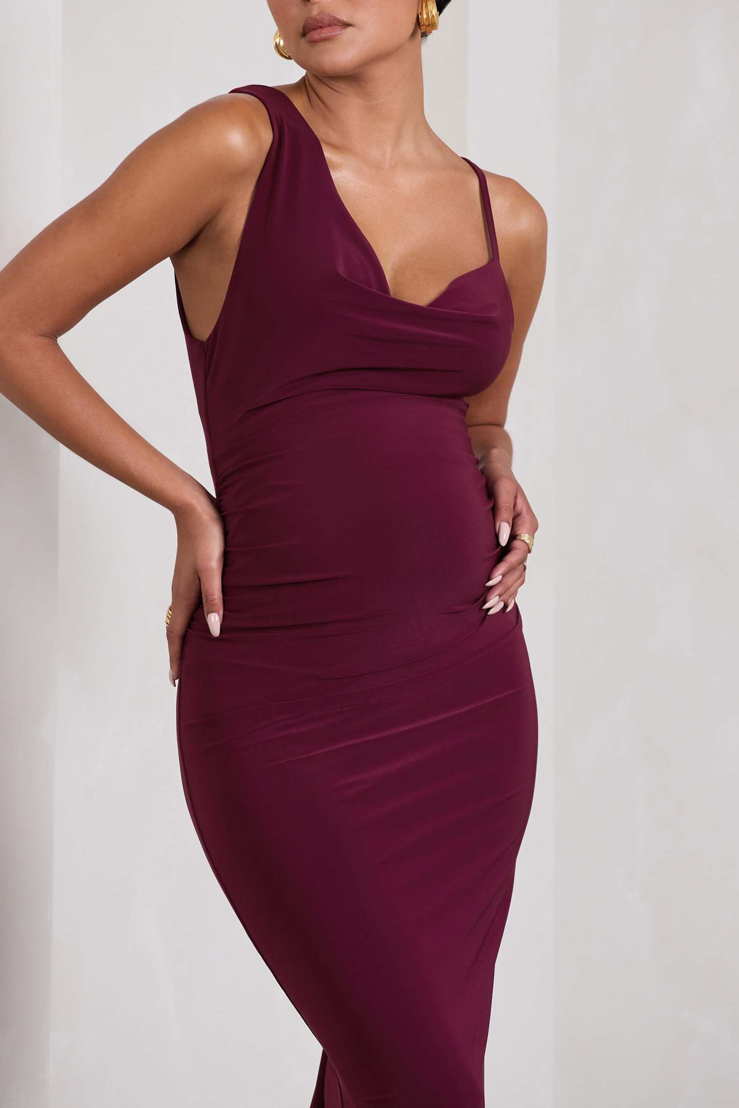 Phantasy Burgundy Maternity Cowl Neck Maxi Dress-Fashionmomo.All Rights Reserved