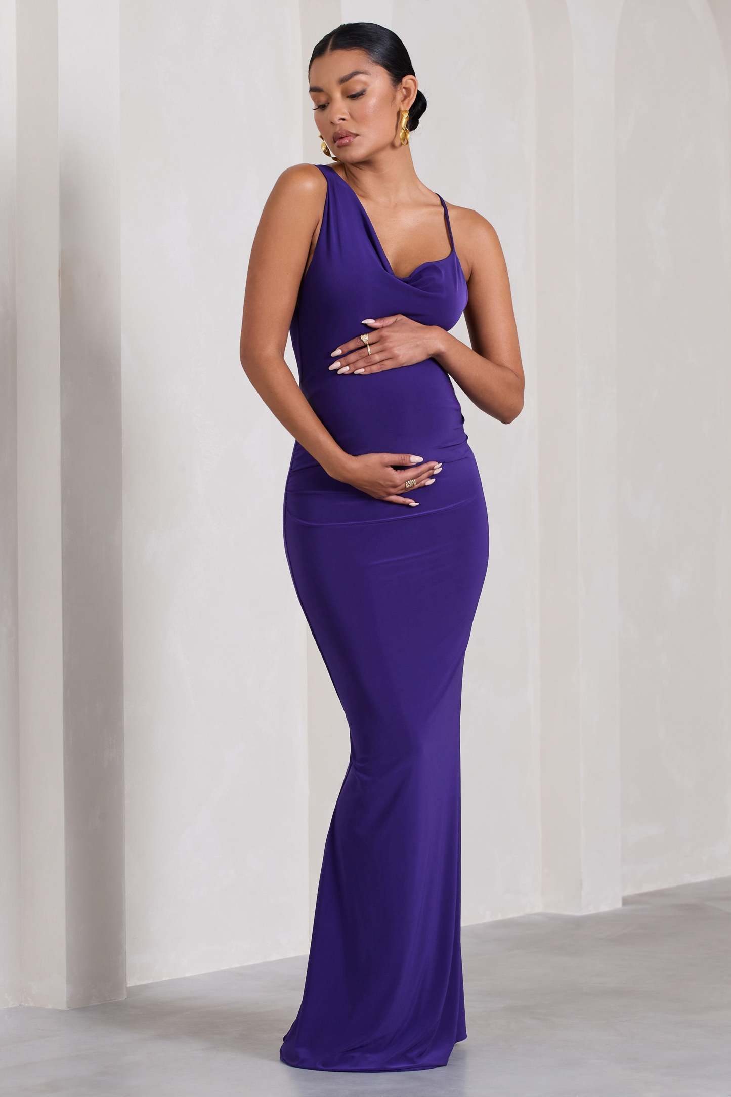 Phantasy Purple Maternity Cowl Neck Maxi Dress-Fashionmomo.All Rights Reserved
