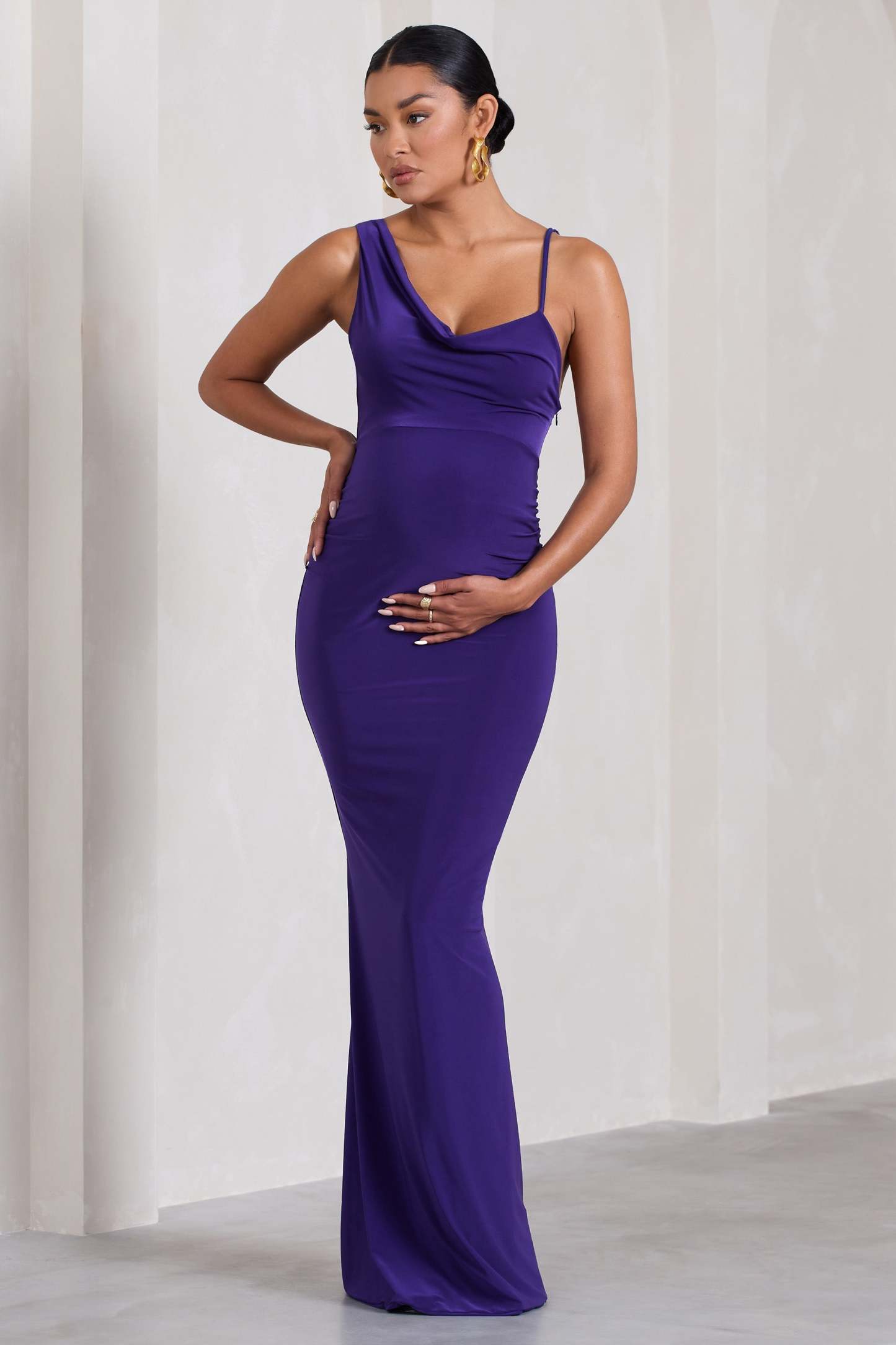 Phantasy Purple Maternity Cowl Neck Maxi Dress-Fashionmomo.All Rights Reserved