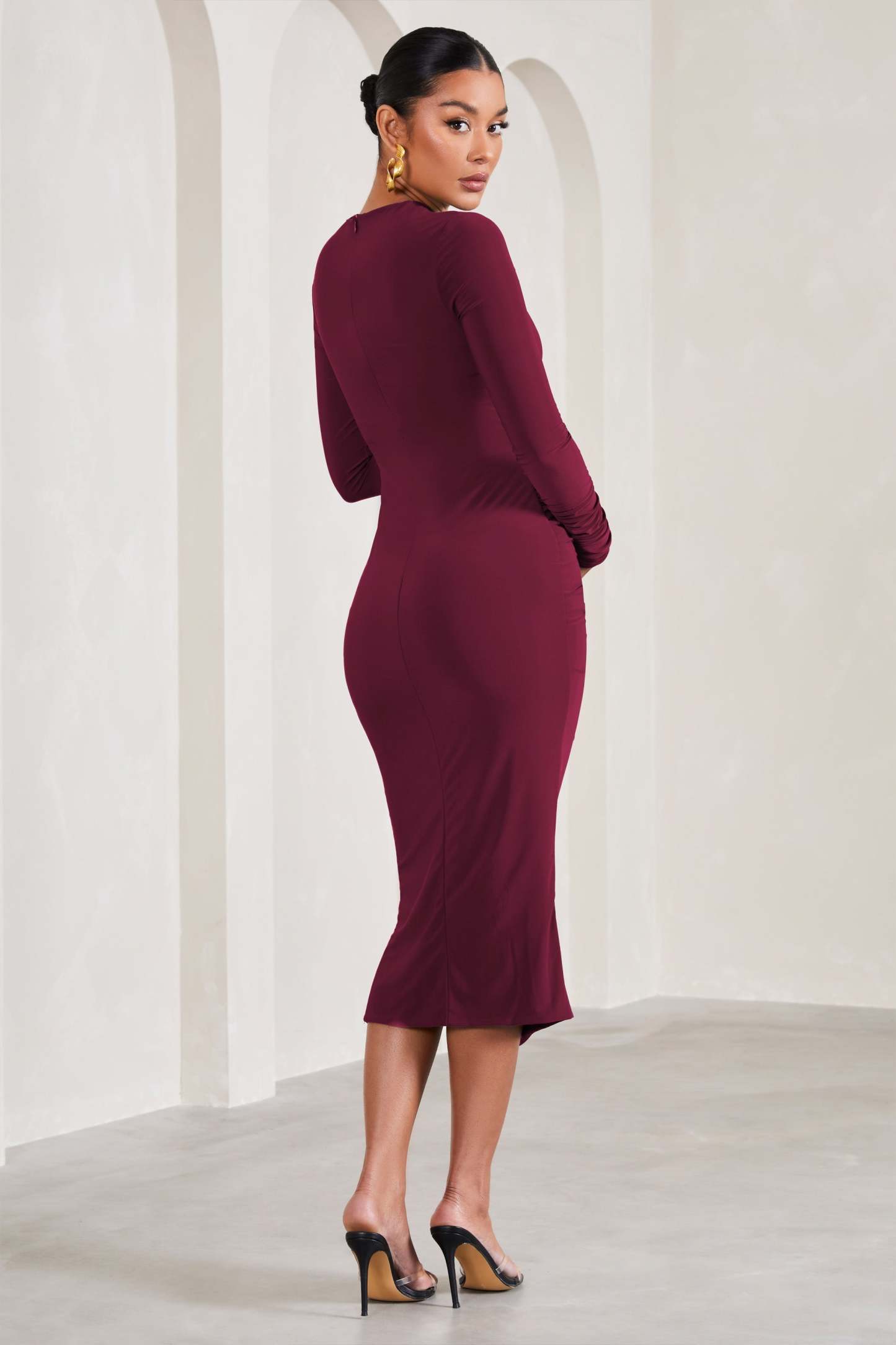 Eternal Berry Long-Sleeved Split Maternity Midi Dress-Fashionmomo.All Rights Reserved