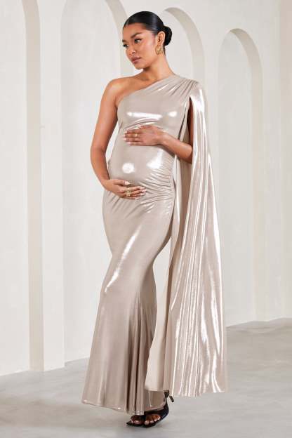Amara Gold Metallic One-Shoulder Maternity Maxi Dress With Cape-Fashionmomo.All Rights Reserved