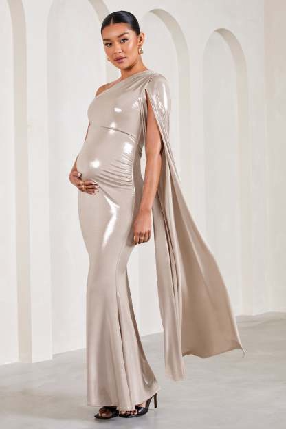 Amara Gold Metallic One-Shoulder Maternity Maxi Dress With Cape-Fashionmomo.All Rights Reserved