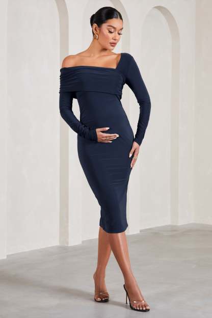 Heartbeat Navy One-Shoulder Long-Sleeved Maternity Midi Dress-Fashionmomo.All Rights Reserved