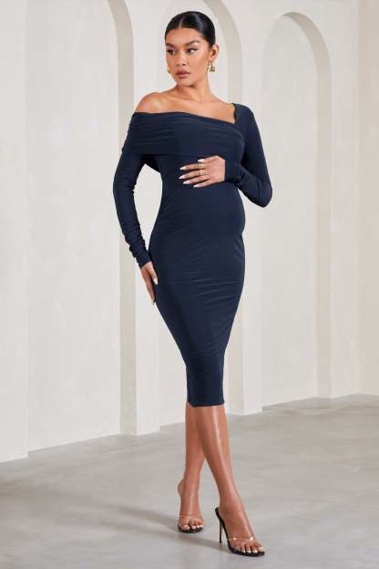 Heartbeat Navy One-Shoulder Long-Sleeved Maternity Midi Dress-Fashionmomo.All Rights Reserved