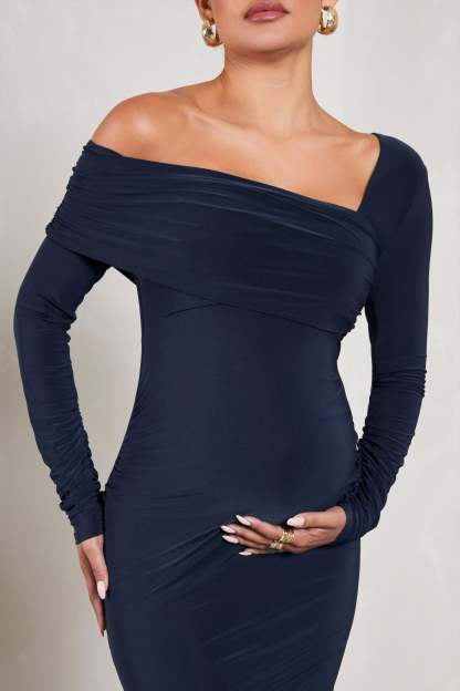 Heartbeat Navy One-Shoulder Long-Sleeved Maternity Midi Dress-Fashionmomo.All Rights Reserved