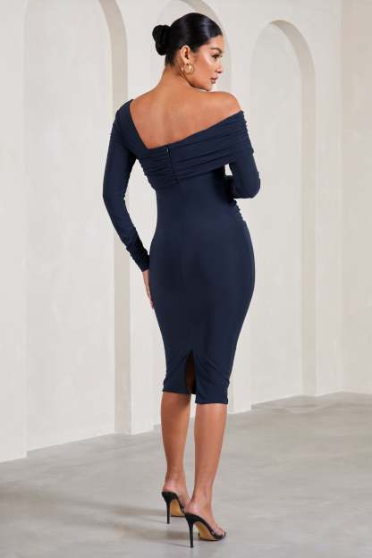 Heartbeat Navy One-Shoulder Long-Sleeved Maternity Midi Dress-Fashionmomo.All Rights Reserved