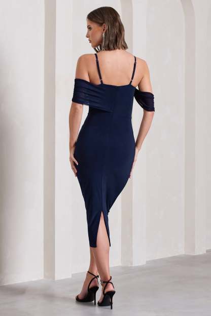 Bethan Navy Bodycon Strappy Mesh Bardot Midi Dress-Fashionmomo.All Rights Reserved