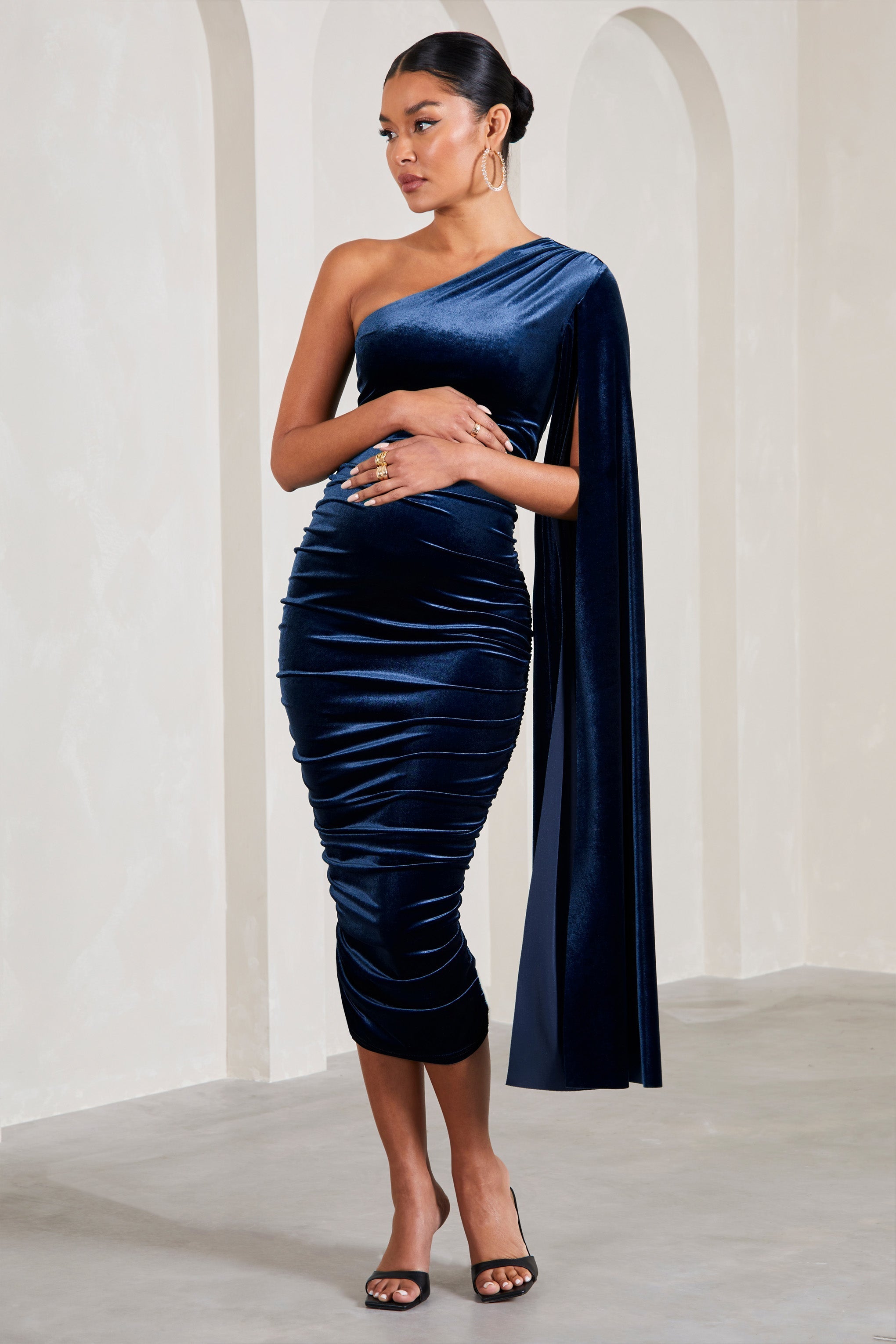 Gianna Navy Velvet Maternity One Shoulder Cape Bodycon Midi Dress-Fashionmomo.All Rights Reserved