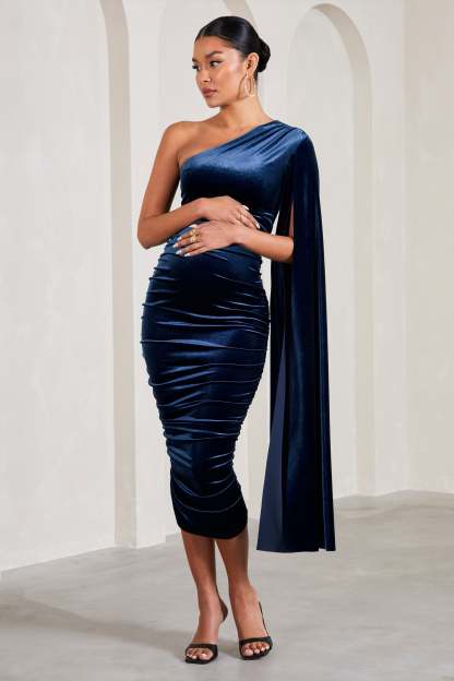Gianna Navy Velvet Maternity One Shoulder Cape Bodycon Midi Dress-Fashionmomo.All Rights Reserved