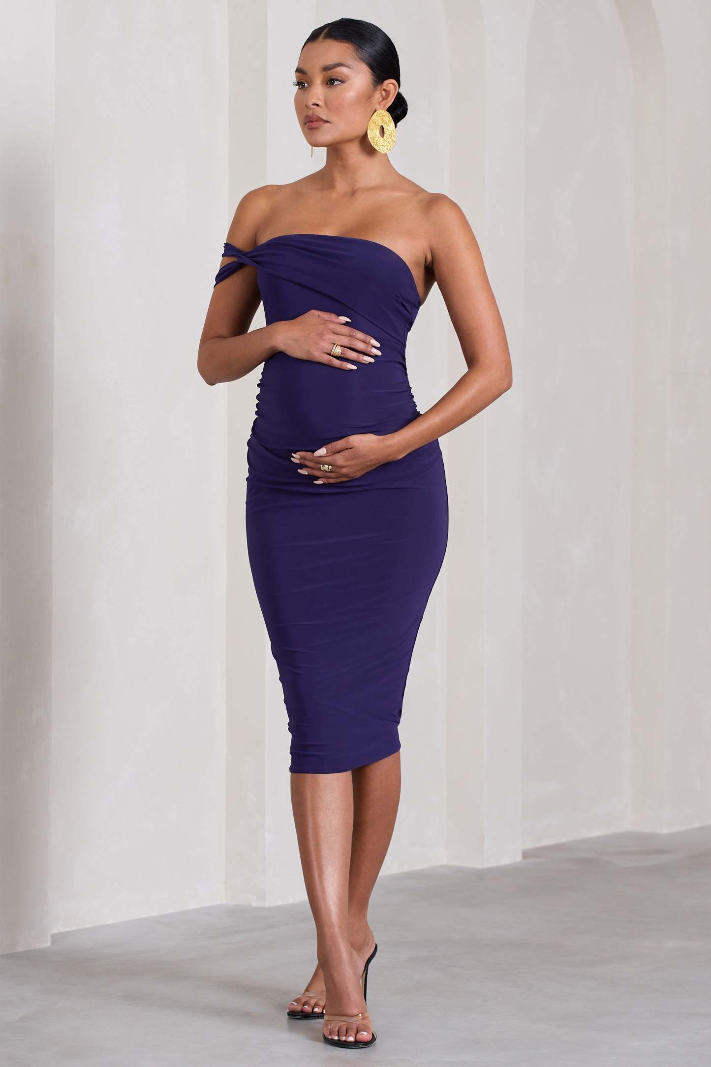 Eviana Purple Bodycon Sleeveless Twist Maternity Midi Dress-Fashionmomo.All Rights Reserved