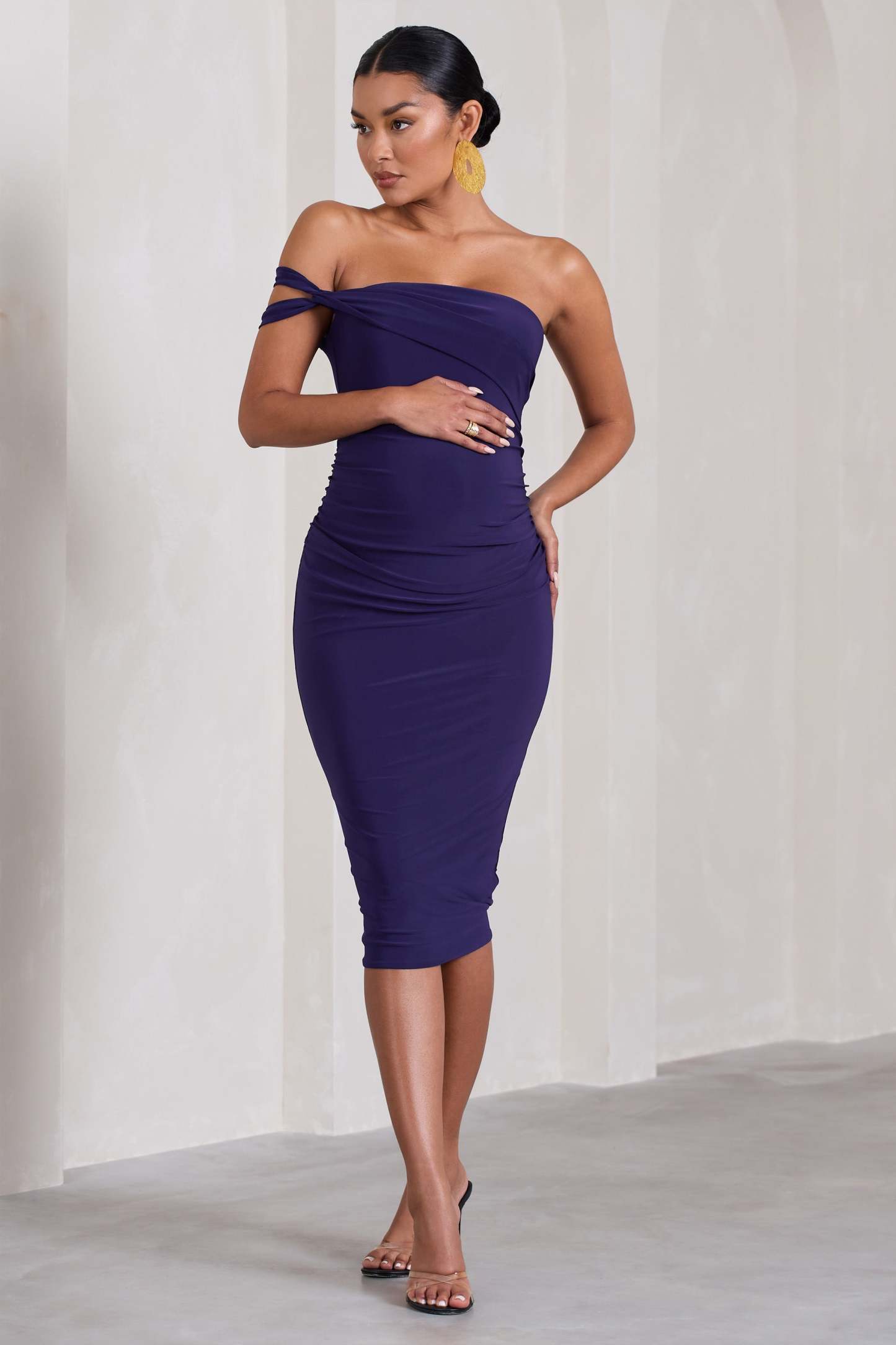 Eviana Purple Bodycon Sleeveless Twist Maternity Midi Dress-Fashionmomo.All Rights Reserved