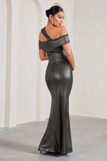Captivating Silver Metallic Strappy Asymmetric Cut-Out Maternity Maxi Dress-Fashionmomo.All Rights Reserved