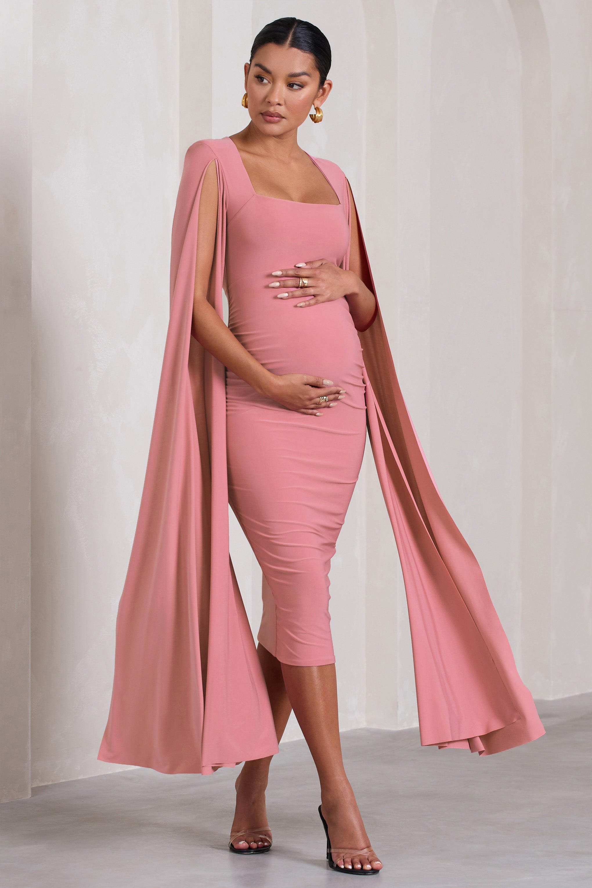 Flawless Blush Pink Maternity Square Neck Midi Dress With Cape Sleeves-Fashionmomo.All Rights Reserved