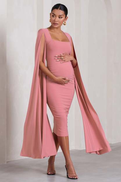 Flawless Blush Pink Maternity Square Neck Midi Dress With Cape Sleeves-Fashionmomo.All Rights Reserved