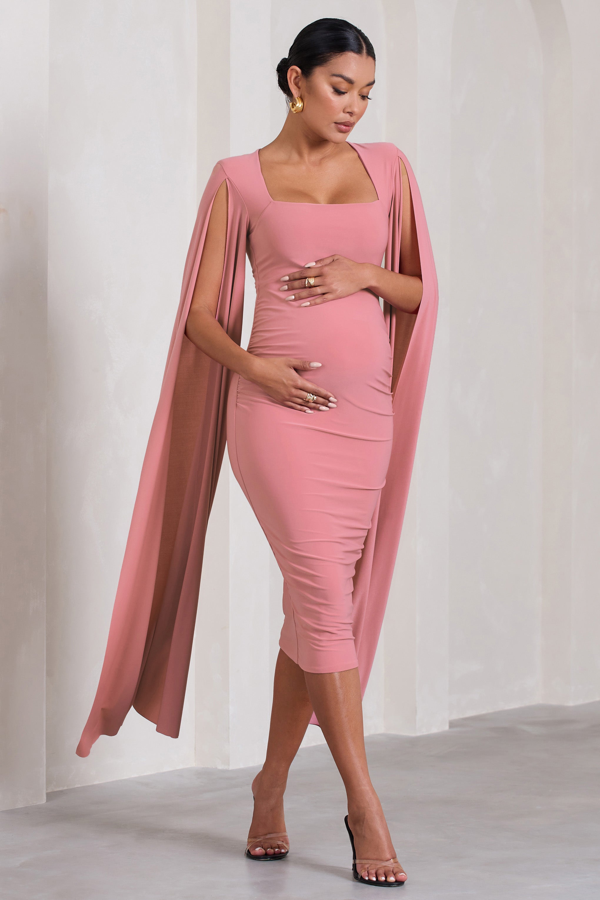 Flawless Blush Pink Maternity Square Neck Midi Dress With Cape Sleeves-Fashionmomo.All Rights Reserved