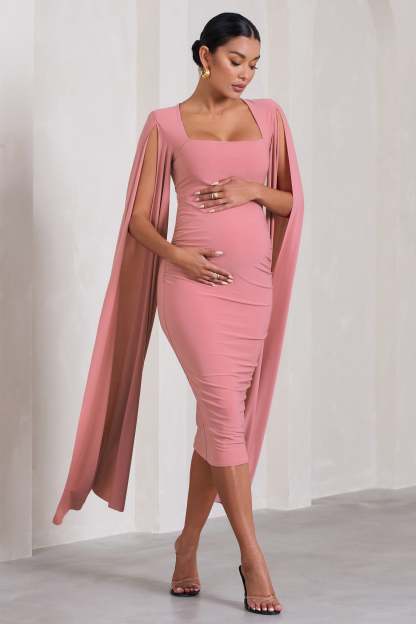 Flawless Blush Pink Maternity Square Neck Midi Dress With Cape Sleeves-Fashionmomo.All Rights Reserved