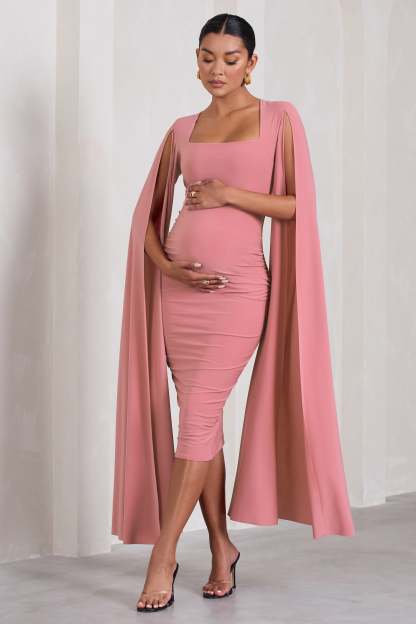 Flawless Blush Pink Maternity Square Neck Midi Dress With Cape Sleeves-Fashionmomo.All Rights Reserved