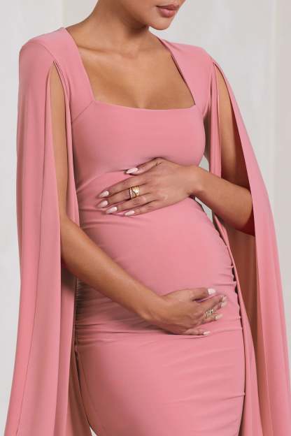 Flawless Blush Pink Maternity Square Neck Midi Dress With Cape Sleeves-Fashionmomo.All Rights Reserved