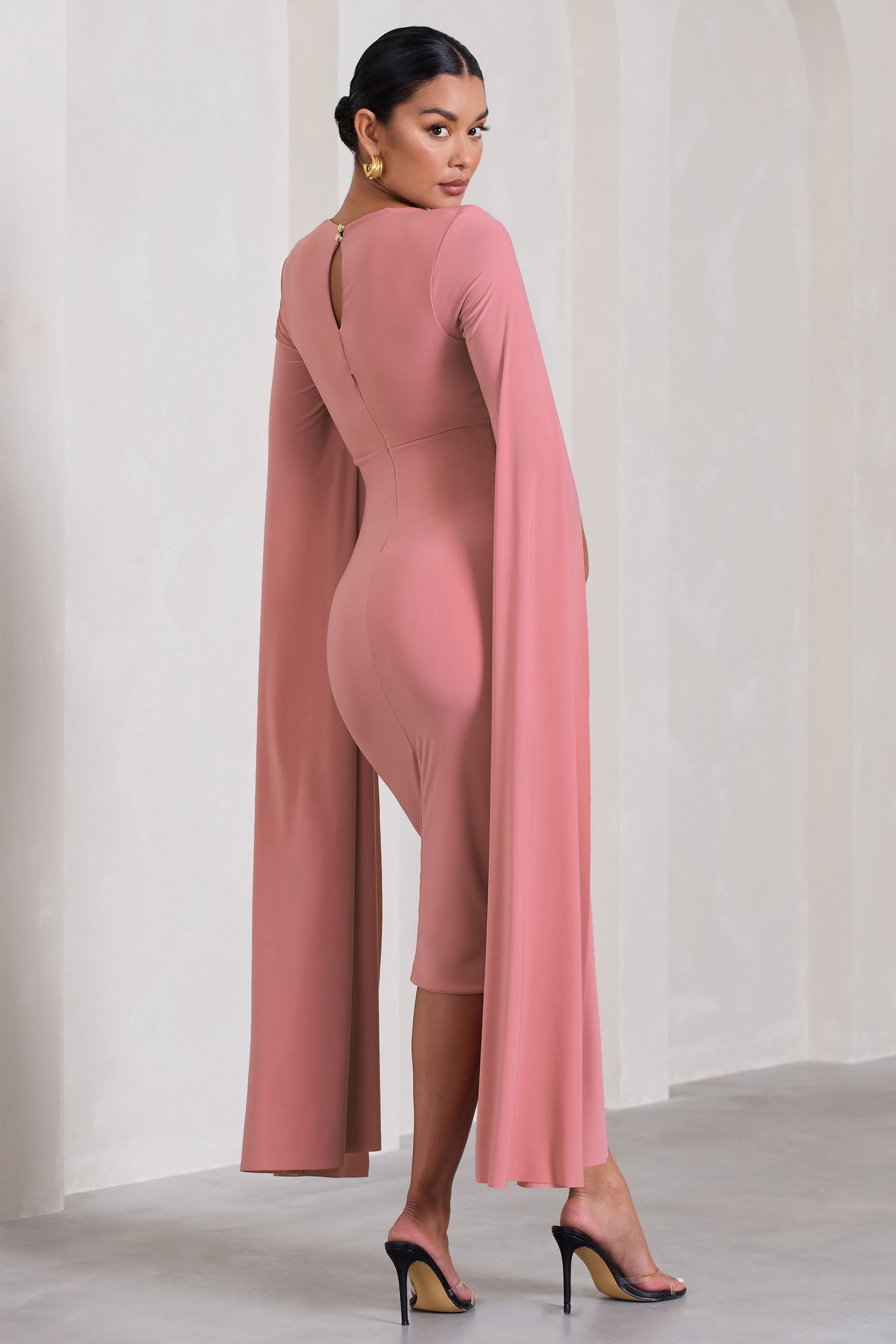Flawless Blush Pink Maternity Square Neck Midi Dress With Cape Sleeves-Fashionmomo.All Rights Reserved