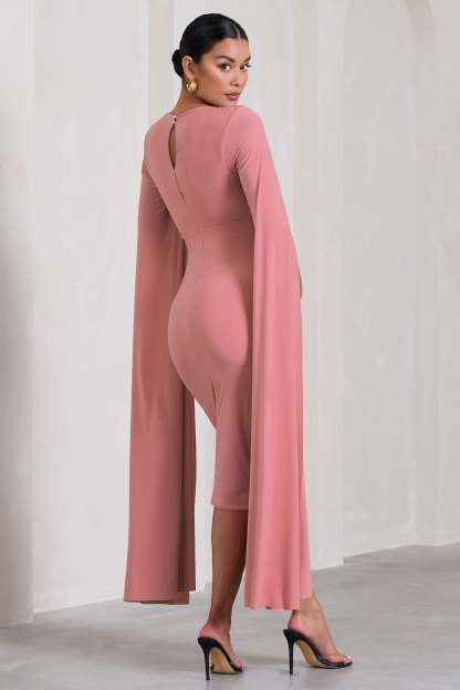Flawless Blush Pink Maternity Square Neck Midi Dress With Cape Sleeves-Fashionmomo.All Rights Reserved