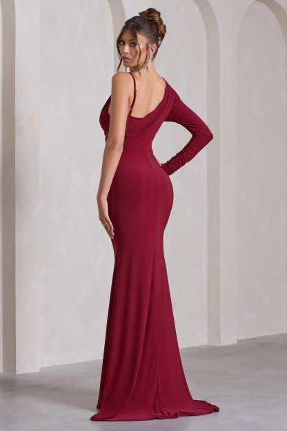 At Dusk Berry Red One-Sleeved Cowl-Neck Fishtail Maxi Dress-Fashionmomo.All Rights Reserved