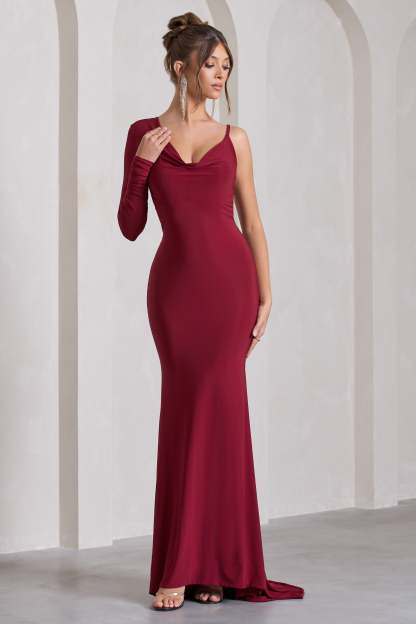 At Dusk Berry Red One-Sleeved Cowl-Neck Fishtail Maxi Dress-Fashionmomo.All Rights Reserved